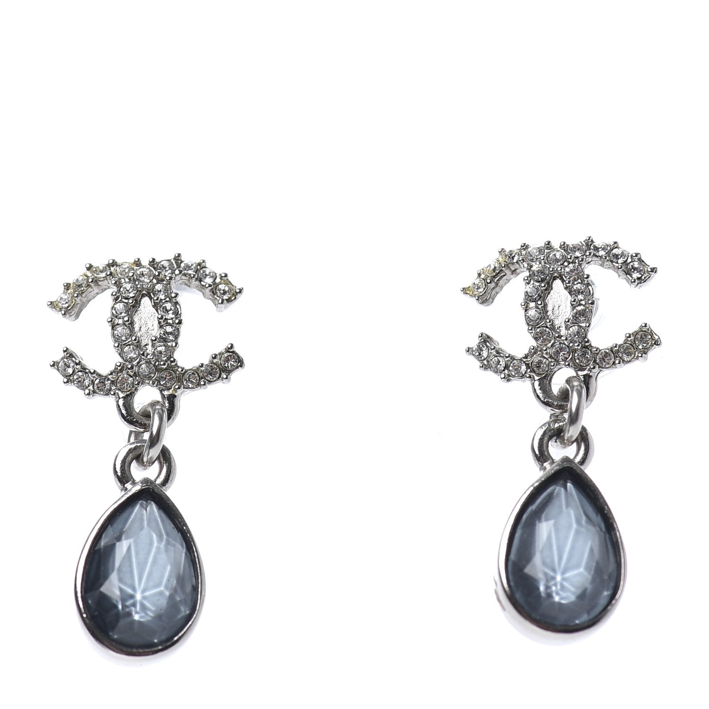 Crystal CC Tear Drop Earrings Blue Silver