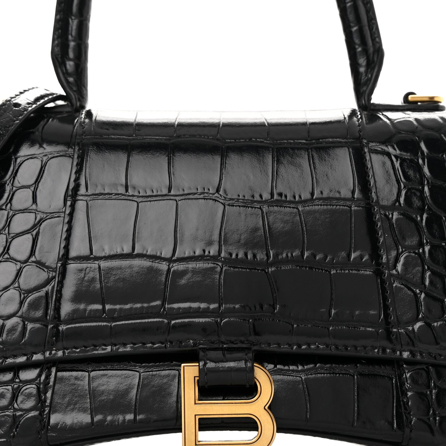 Balenciaga Shiny Calfskin Crocodile Embossed Small Hourglass Top Handle Bag Black 8 of 16