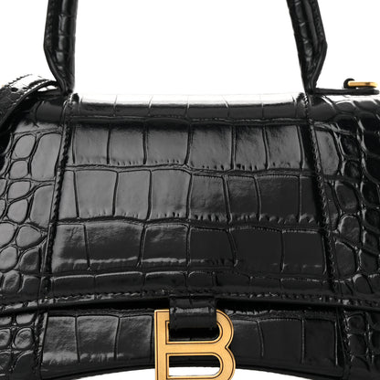 Balenciaga Shiny Calfskin Crocodile Embossed Small Hourglass Top Handle Bag Black 8 of 16