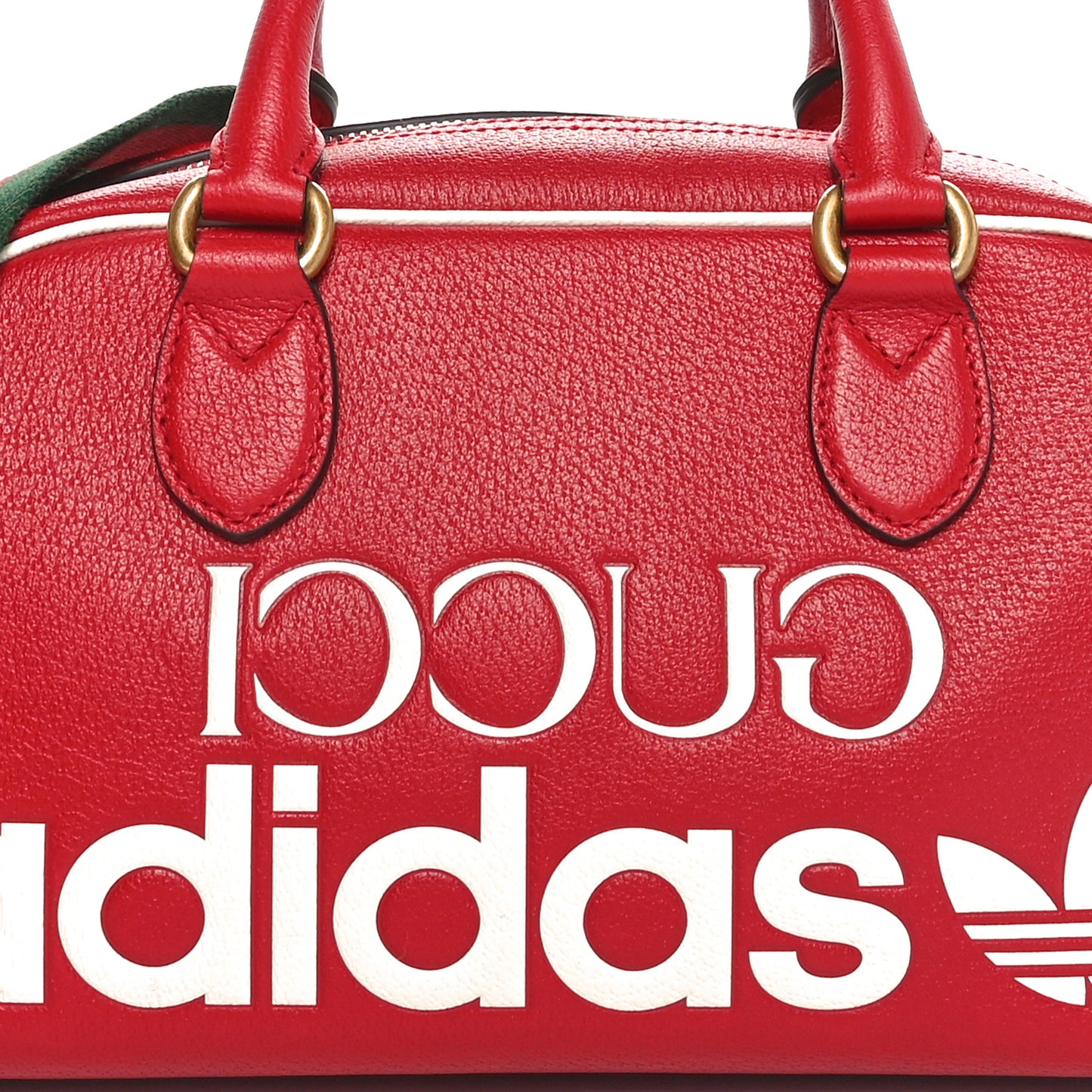 X ADIDAS Textured Dollar Calfskin Web Trefoil Logo Embossed Mini Bowling Bag Red Off White