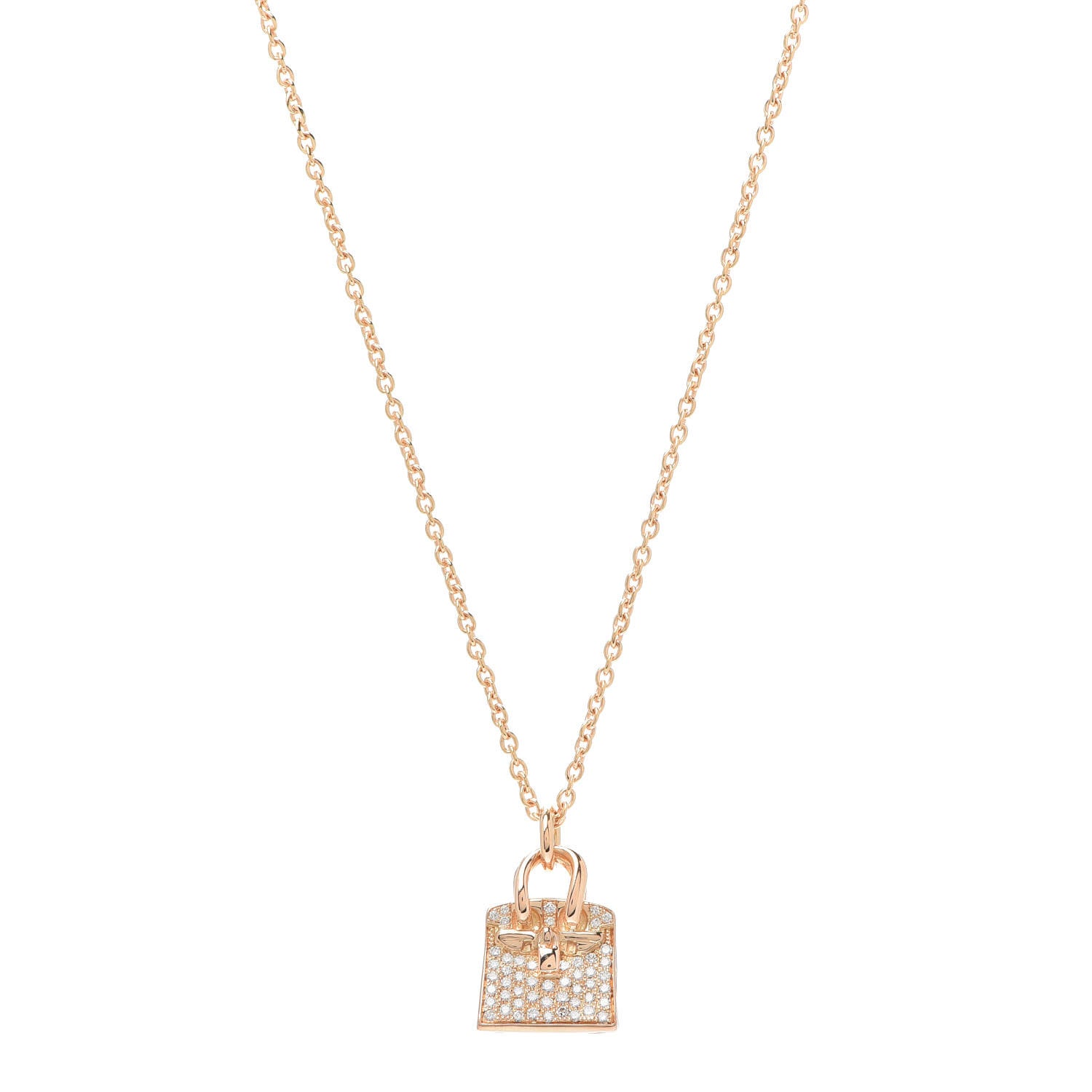 Hermes 18K Rose Gold Diamond Birkin Amulette Pendant Necklace 1 of 5