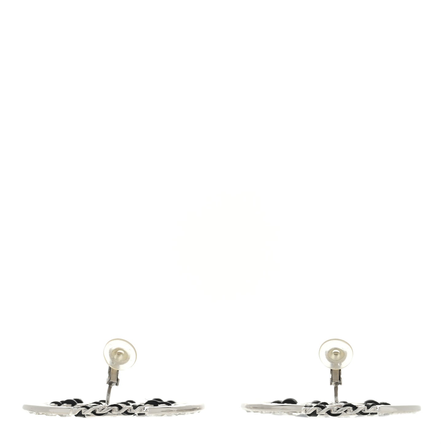 Crystal Lambskin Chain CC Hoop Clip On Earrings Black Silver