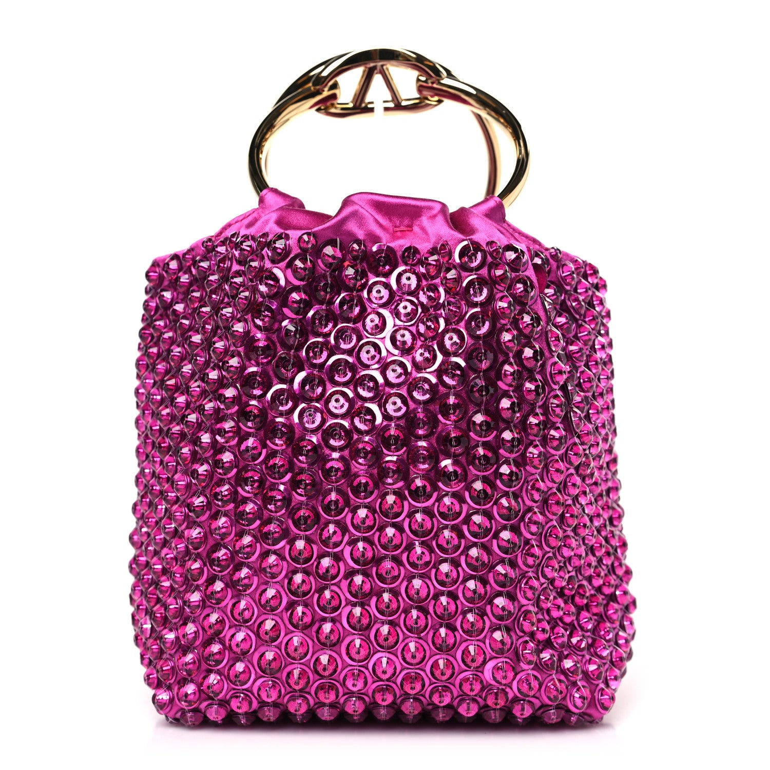 Valentino Garavani Satin Rhinestone Embellished Small Carry Secrets Bucket Bag Pink 1 of 8