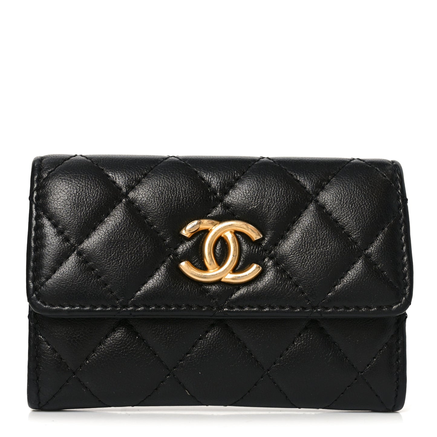 Lambskin Quilted Flap Card Holder Black