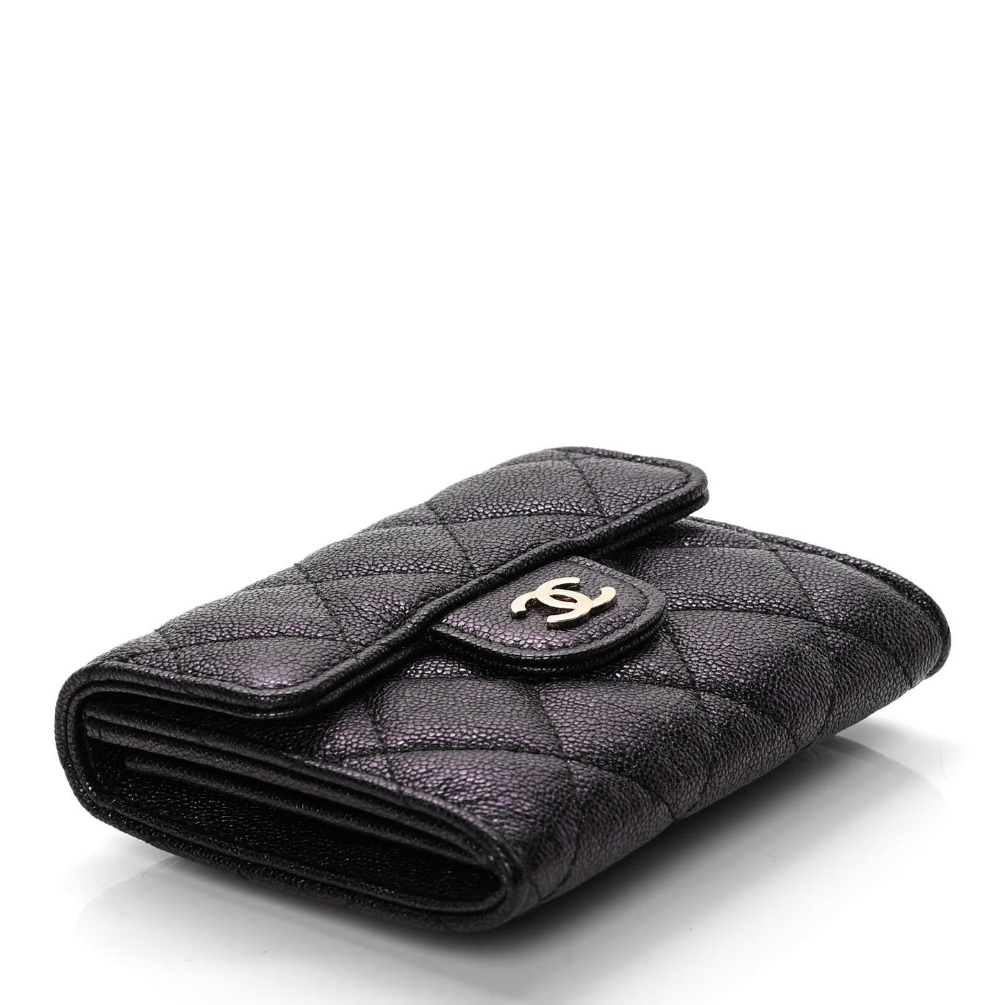 Iridescent Caviar Quilted Flap Card Holder Wallet Black