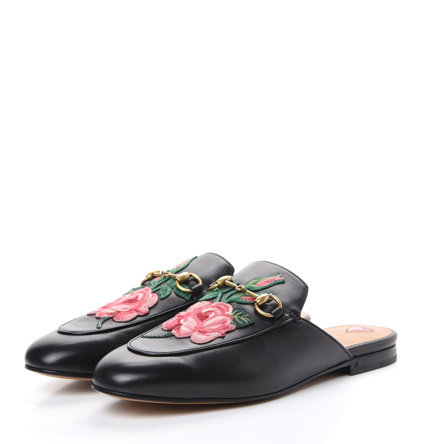 Calfskin Flower Embroidered Princetown Slippers 38.5 Black