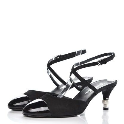 Chanel Suede Patent Cap Toe CC Heels 36.5 Black 3 of 9