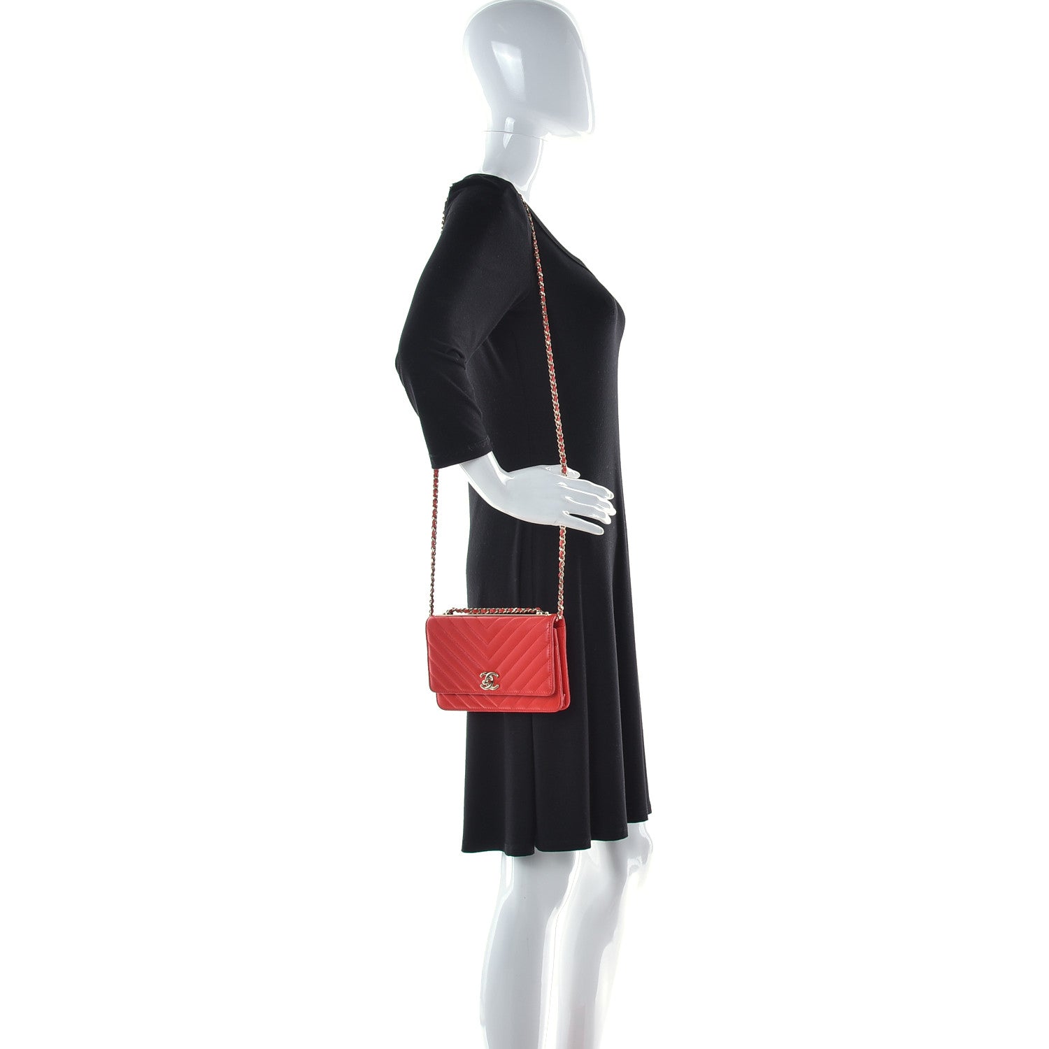 Chanel Lambskin Chevron Quilted Trendy CC Wallet On Chain WOC Red 2 of 22