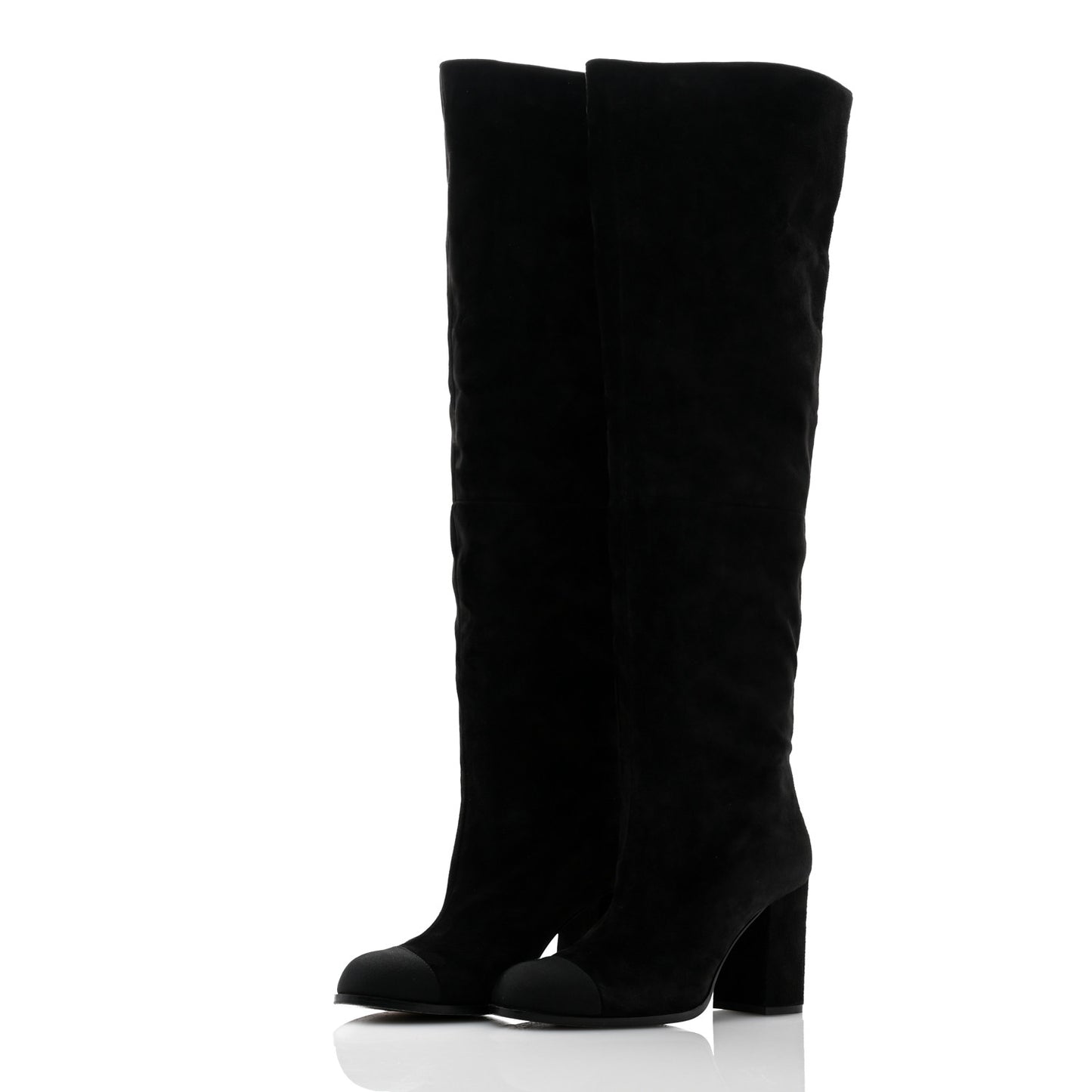 Suede Calfskin Grosgrain Cap Toe High Boots 38.5 Black