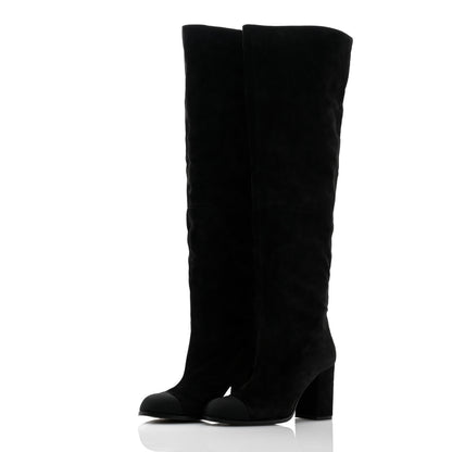 Chanel Suede Calfskin Grosgrain Cap Toe High Boots 38.5 Black 3 of 9