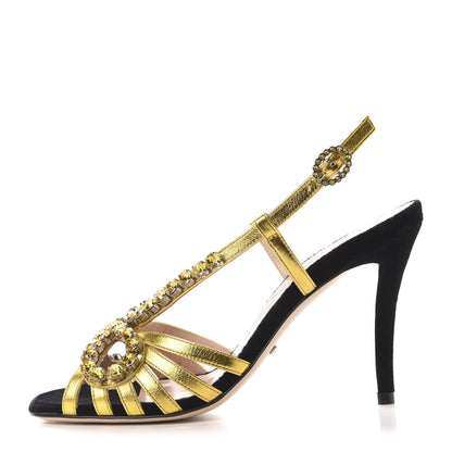 Gucci Velvet Nappa Crystal Zephyra Slingback High Heel Sandals 36.5 Black Gold 1 of 8
