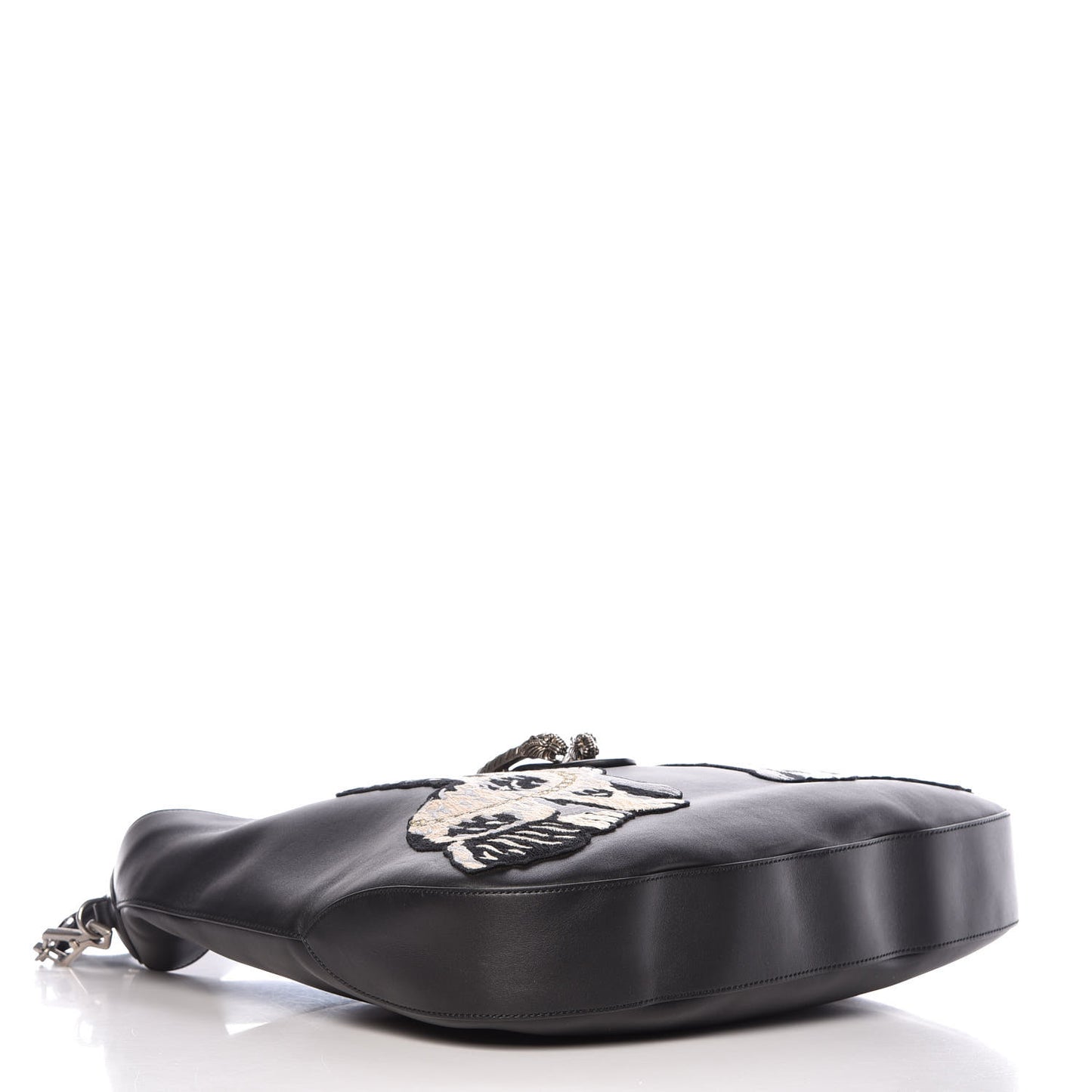 Calfskin Web Dog Embroidered Large Dionysus Hobo Black