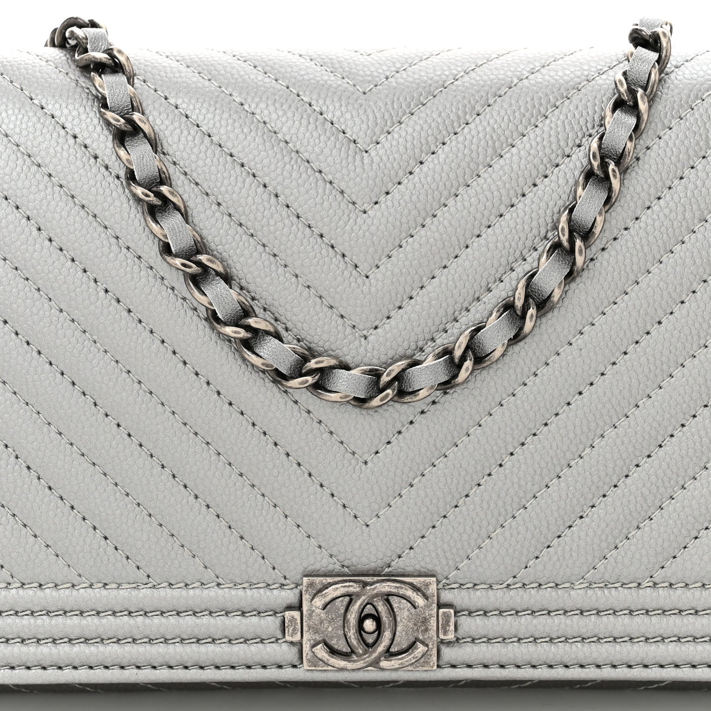 Metallic Caviar Chevron Quilted Boy Wallet On Removable Chain WOC Silver