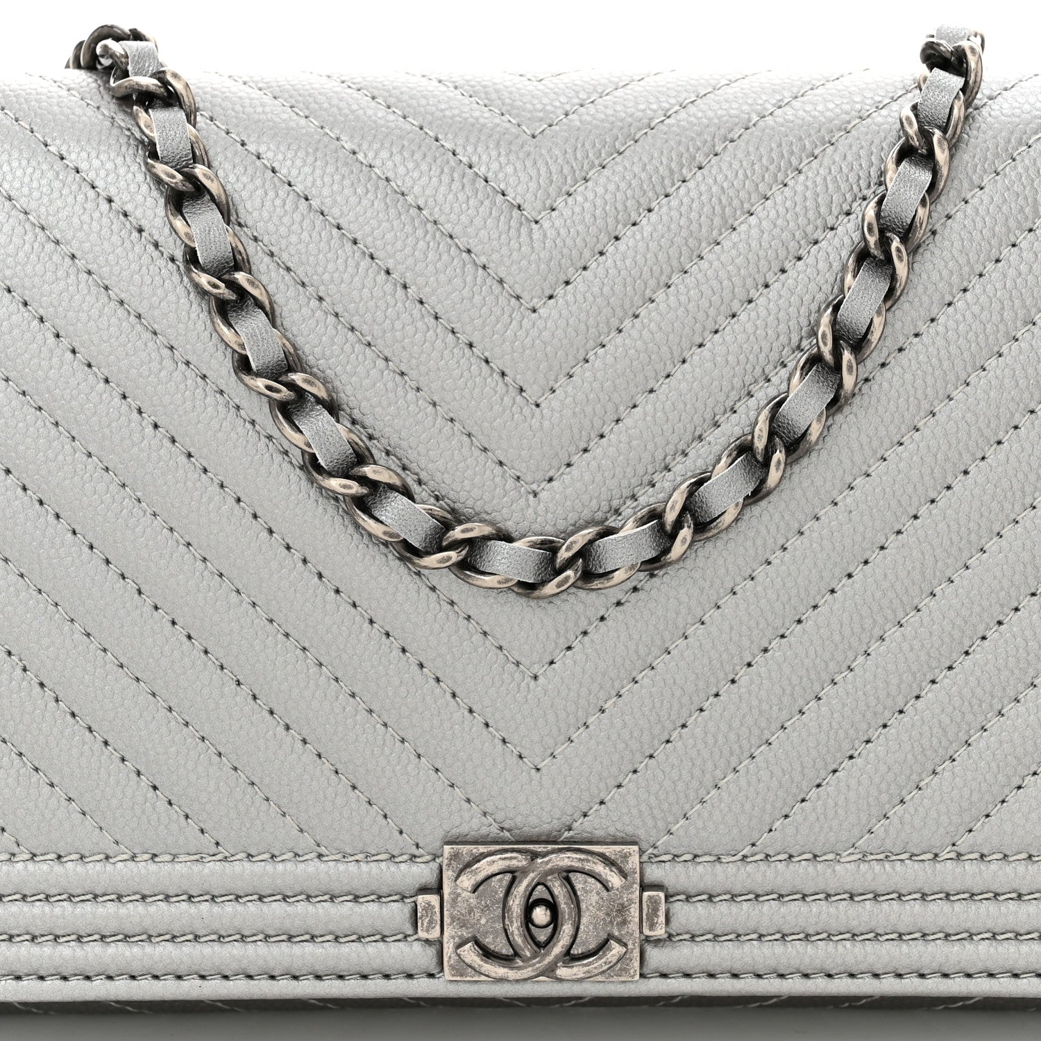 Chanel Metallic Caviar Chevron Quilted Boy Wallet On Removable Chain WOC Silver 9 of 12