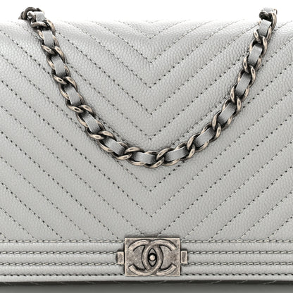 Chanel Metallic Caviar Chevron Quilted Boy Wallet On Removable Chain WOC Silver 9 of 12