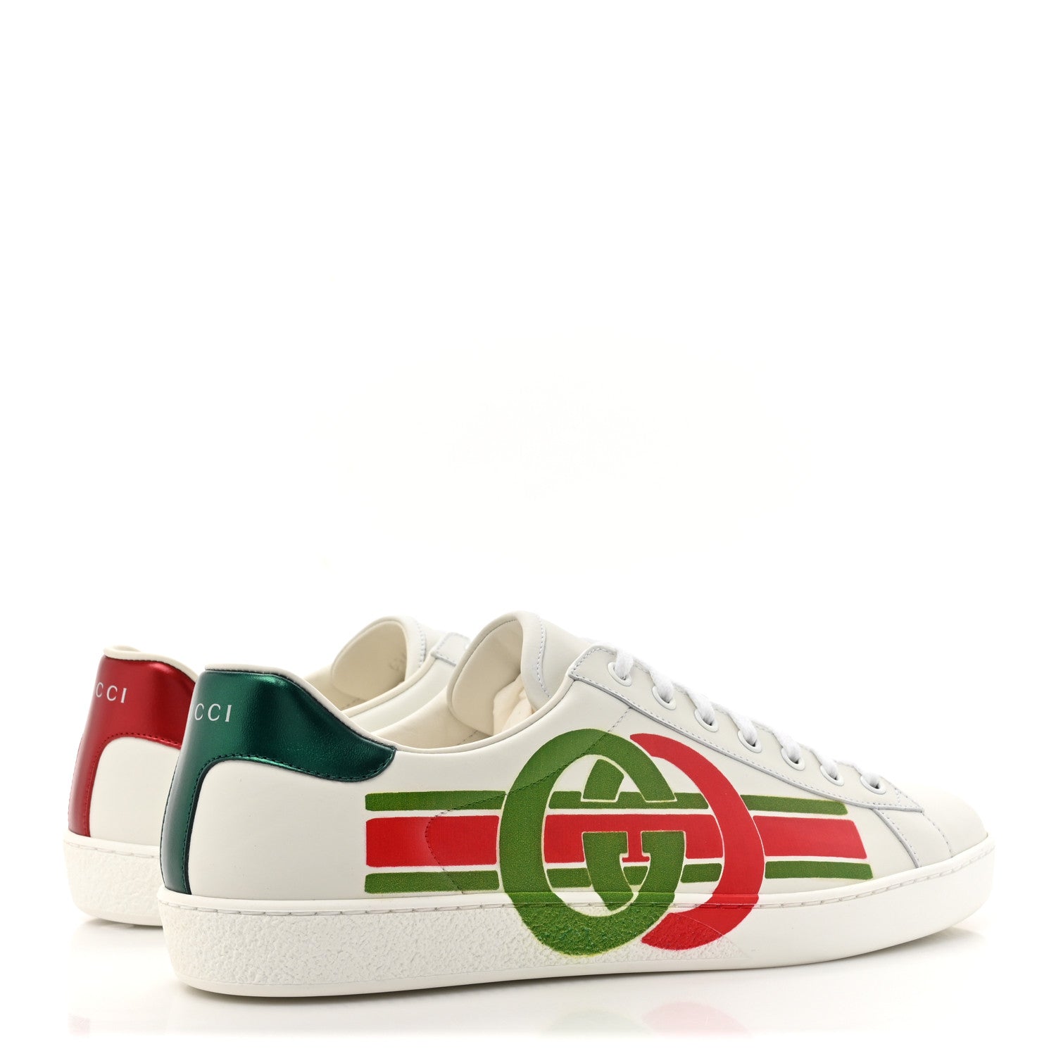 Gucci Calfskin Interlocking G Mens New Ace Sneakers 10.5 White Red Flame Green 4 of 10