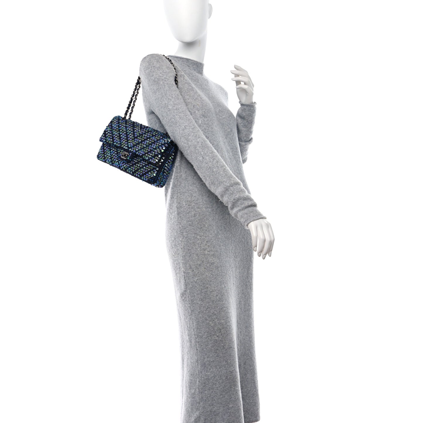 Tweed Crystal Quilted Embroidered Medium Double Flap Navy
