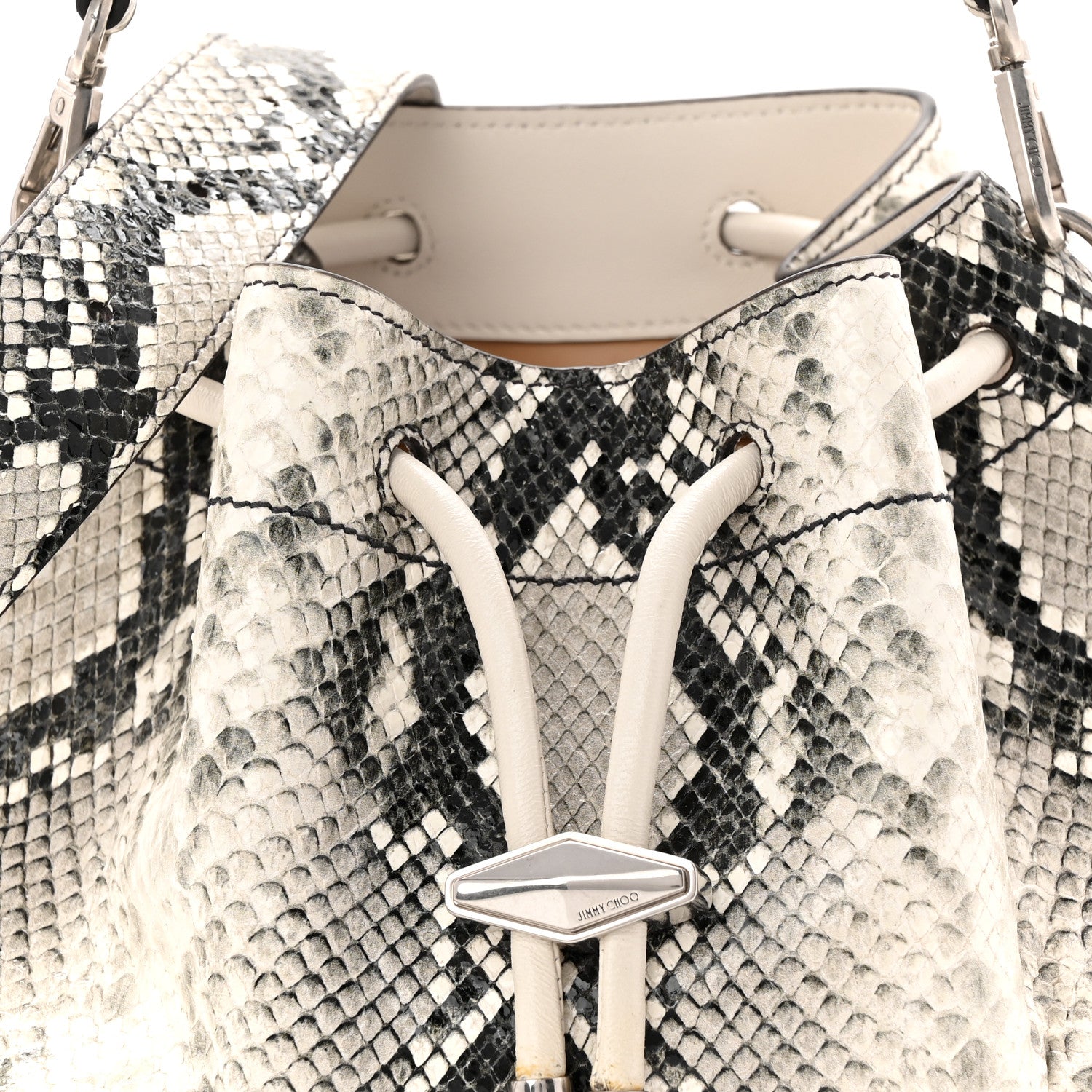 Jimmy Choo Calfskin Snakeskin Embossed Cinch M Bucket Bag Neutral