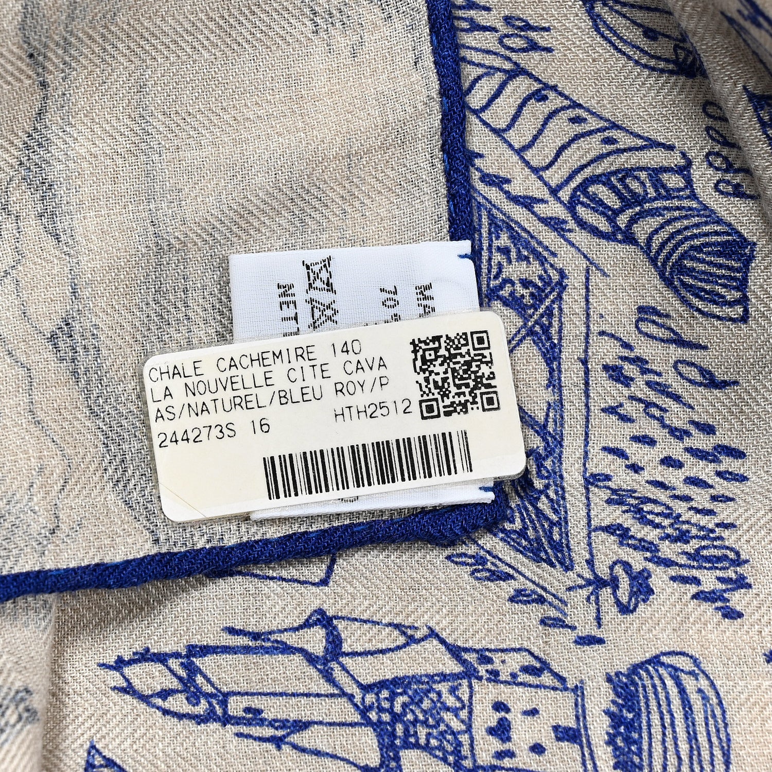 Hermes Cashmere Silk La Cite Cavaliere Shawl 140 Naturel Blue