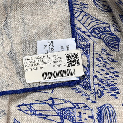 Hermes Cashmere Silk La Cite Cavaliere Shawl 140 Naturel Blue Royal Petrole 3 of 3
