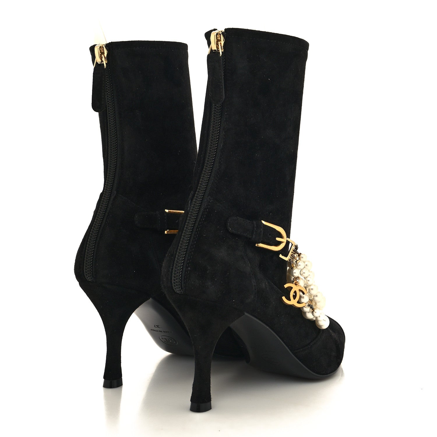 Chanel Stretch Suede Calfskin Grosgrain Pearl Multi Strand Cap Toe Ankle Boots 37 Black 4 of 7