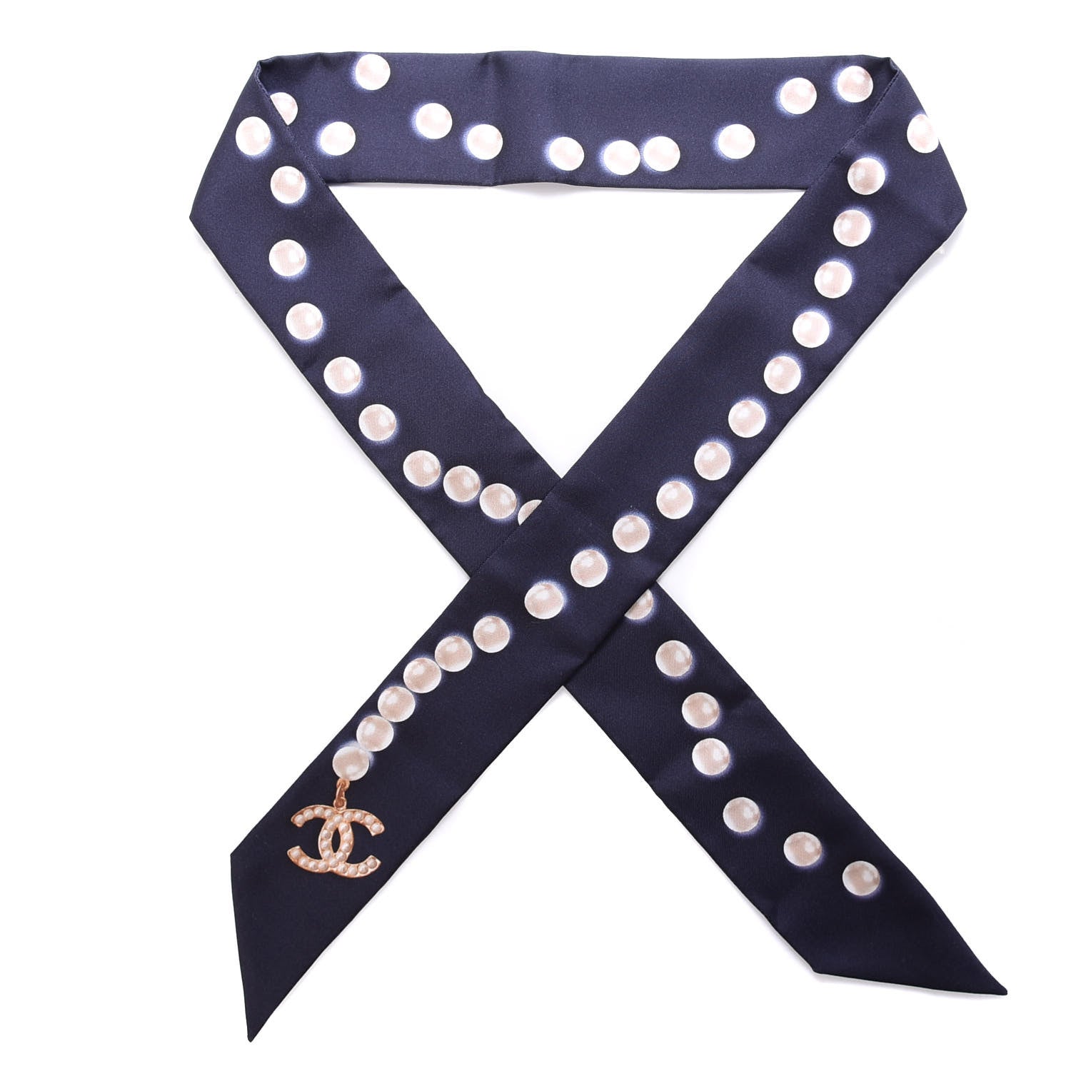 Chanel Silk Pearl CC Slim Bandeau Scarf Navy 1 of 4