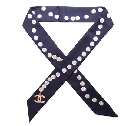 Chanel Silk Pearl CC Slim Bandeau Scarf Navy 1 of 4