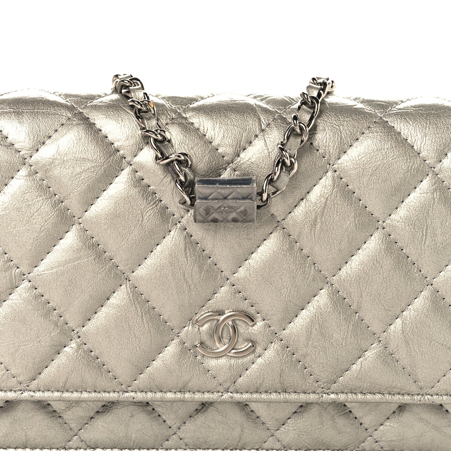 Metallic Crumpled Calfskin Quilted Flap Charm Wallet On Chain WOC Silver