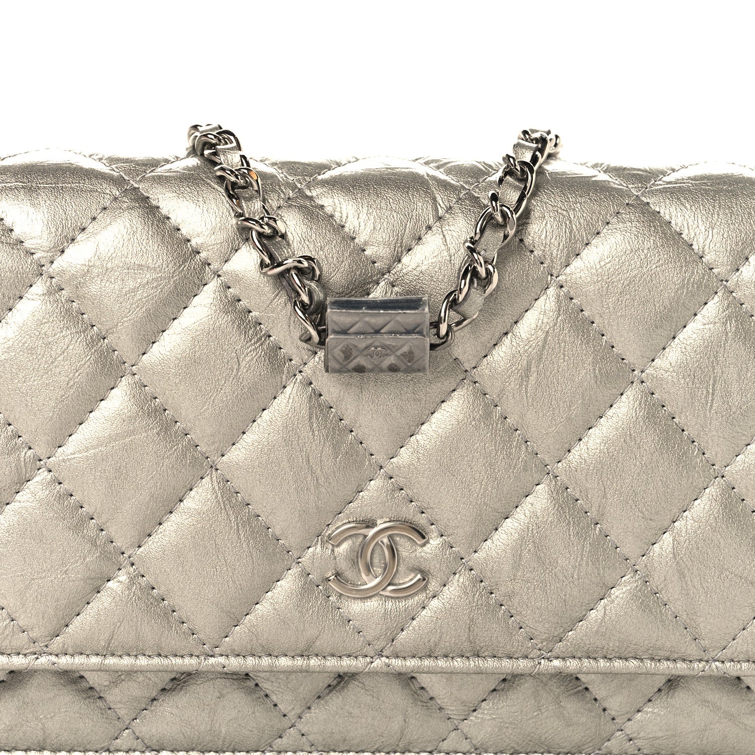 Chanel Metallic Crumpled Calfskin Quilted Flap Charm Wallet On Chain WOC Silver 9 of 12