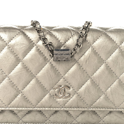 Chanel Metallic Crumpled Calfskin Quilted Flap Charm Wallet On Chain WOC Silver 9 of 12