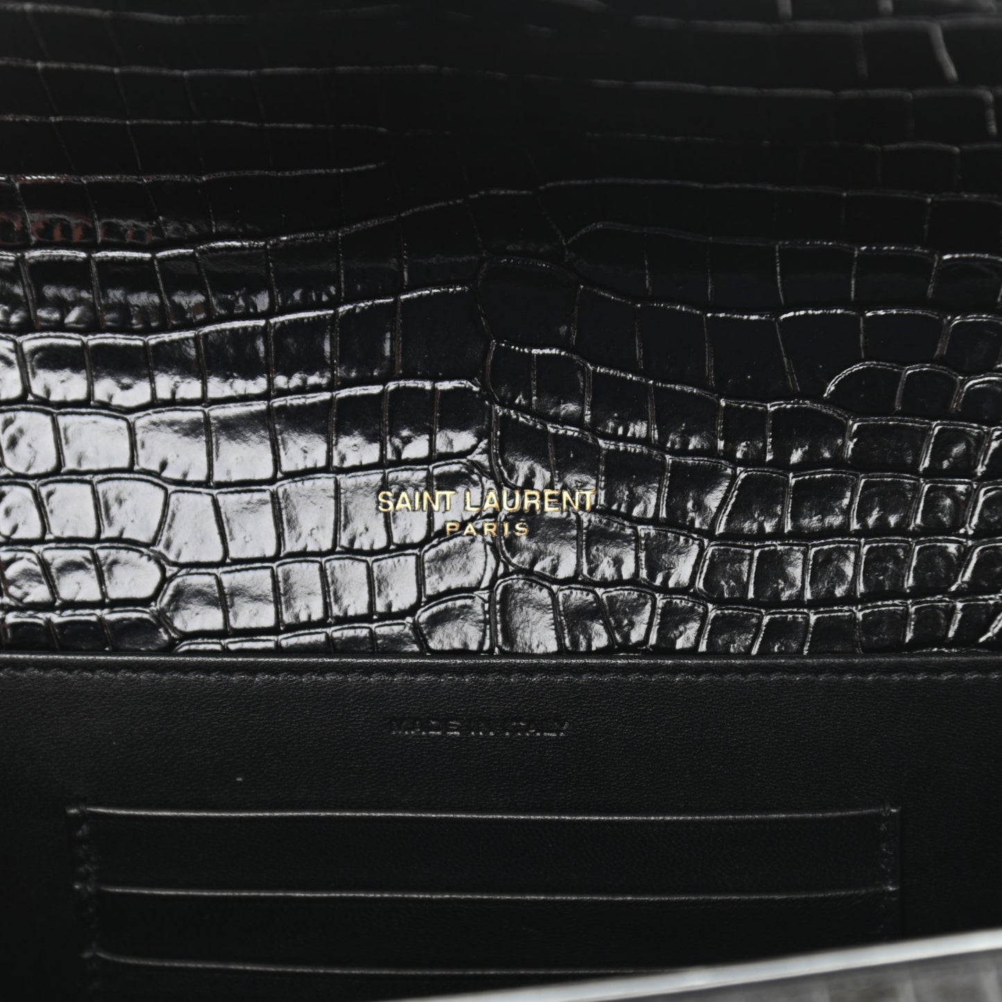 Calfskin Crocodile Embossed Monogram Cassandra Chain Wallet Black