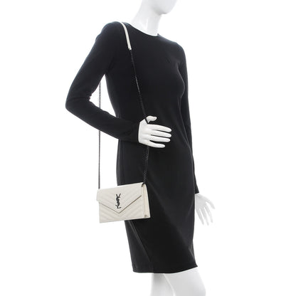 Saint Laurent Grain De Poudre Matelasse Chevron Monogram Envelope Chain Wallet Dove White 2 of 11