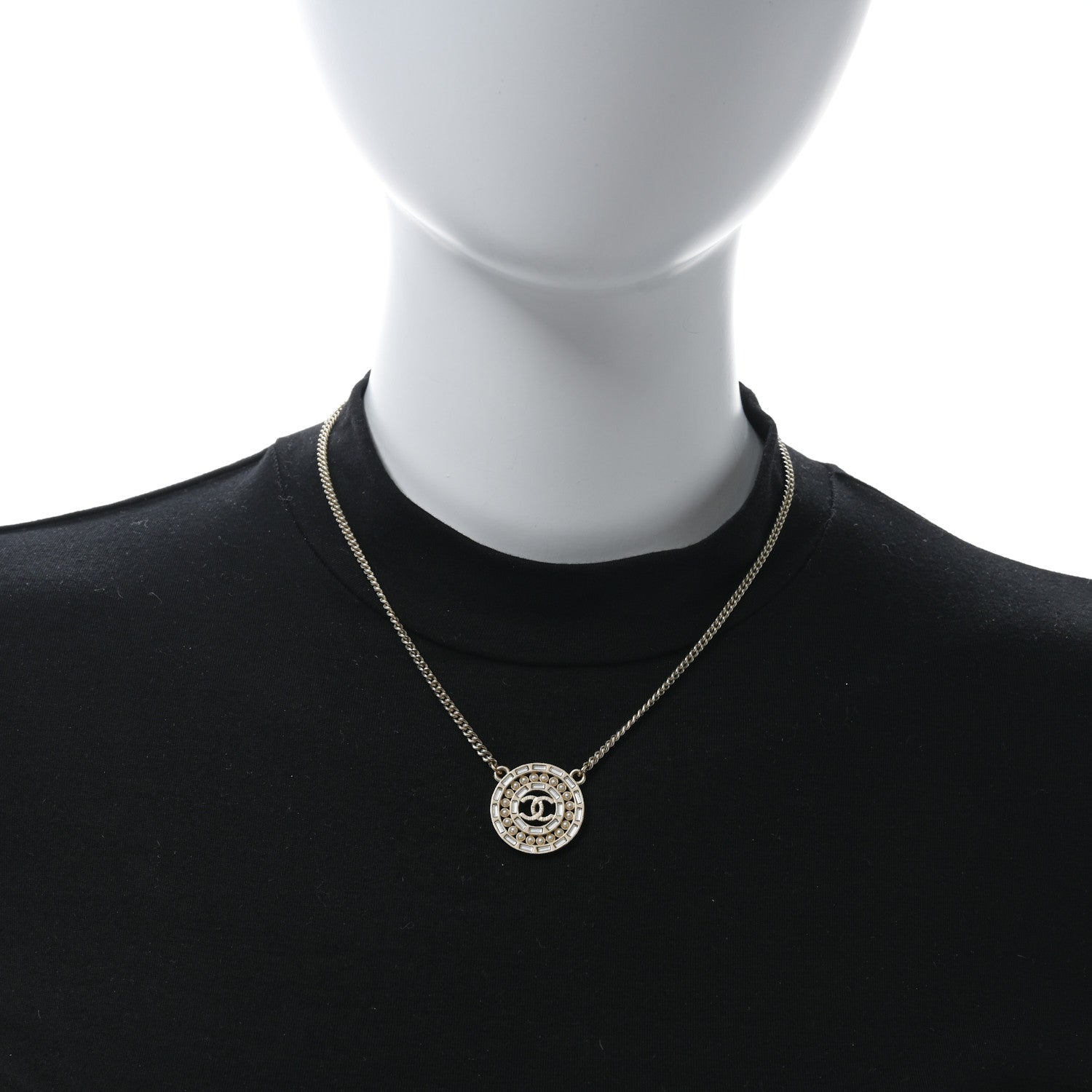 Chanel Pearl Crystal CC Round Pendant Necklace Gold 2 of 5