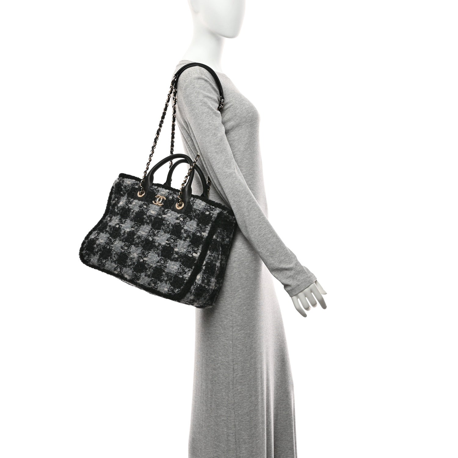 CHANEL　ジャンク品 Chanel Tweed Shearling Quilted Lambskin Shopping Tote Black Grey