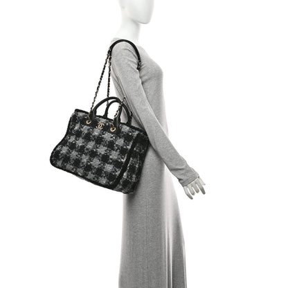 Chanel Tweed Shearling Quilted Lambskin Shopping Tote  Black Grey 2 of 10