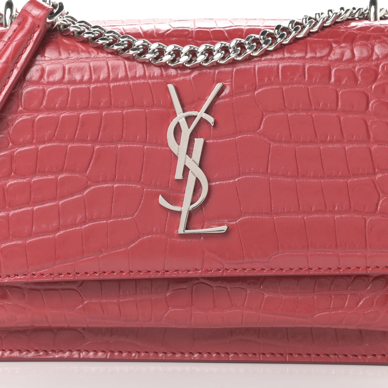 Saint Laurent Calfskin Crocodile Embossed Monogram Sunset Chain Wallet Rouge Eros 8 of 12