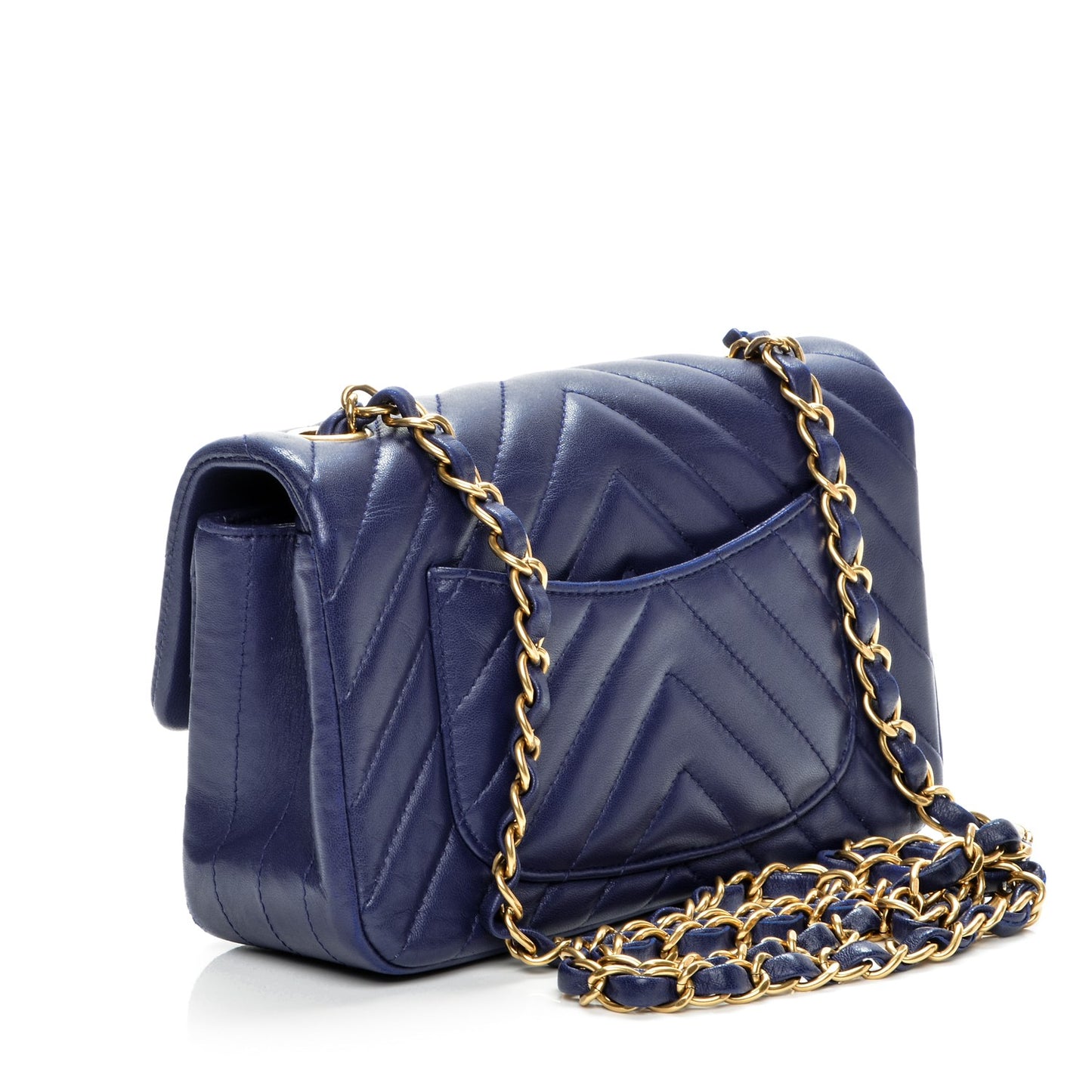 Lambskin Chevron Quilted Mini Rectangular Flap Dark Blue