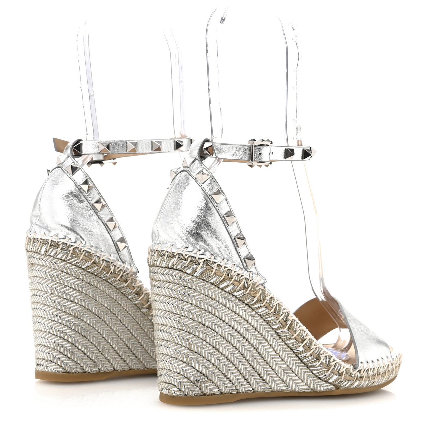 Metallic Grained Calfskin Rockstud Crisscross Ankle Strap Espadrille Wedge Sandals 39 Silver