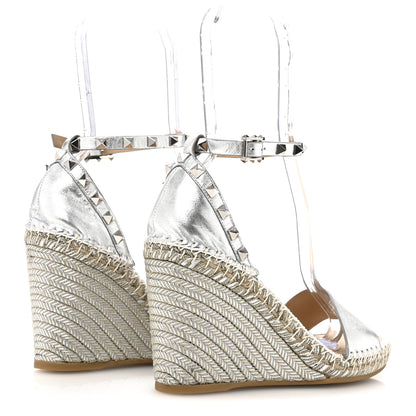 Valentino Garavani Metallic Grained Calfskin Rockstud Crisscross Ankle Strap Espadrille Wedge Sandals 39 Silver 5 of 11