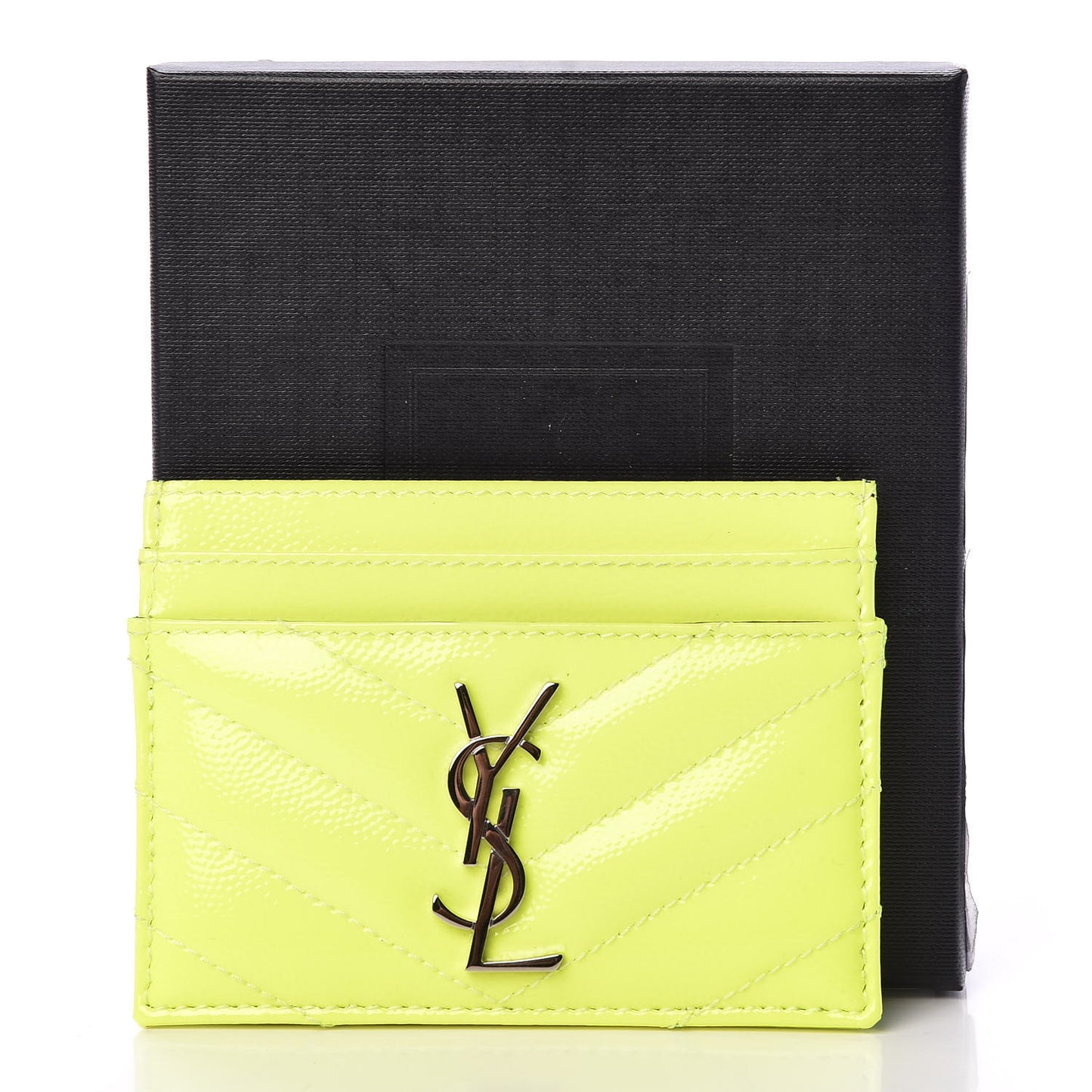 Patent Grain De Poudre Matelasse Chevron Monogram Credit Card Case Neon Yellow