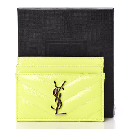 Saint Laurent Patent Grain De Poudre Matelasse Chevron Monogram Credit Card Case Neon Yellow 7 of 7