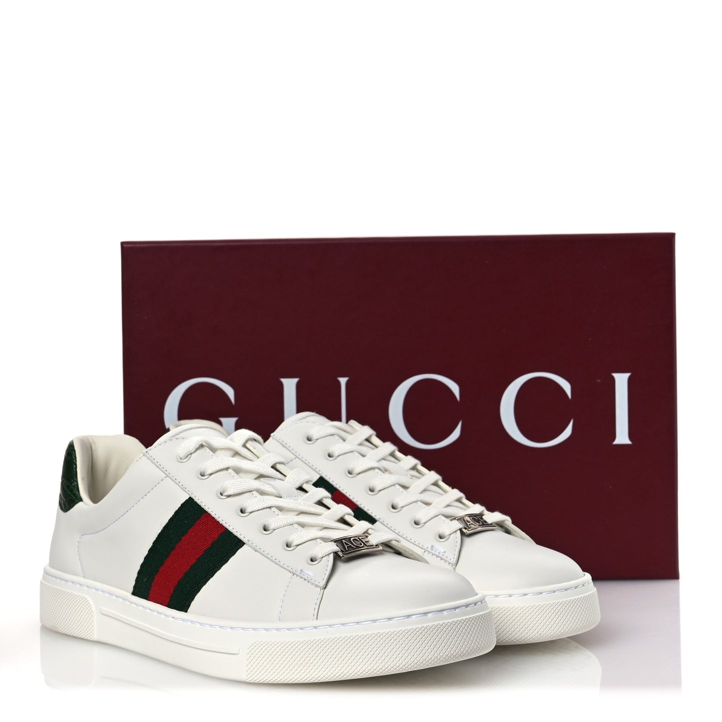 Calfskin Crocodile Web Womens Ace Sneakers 39.5 White Green