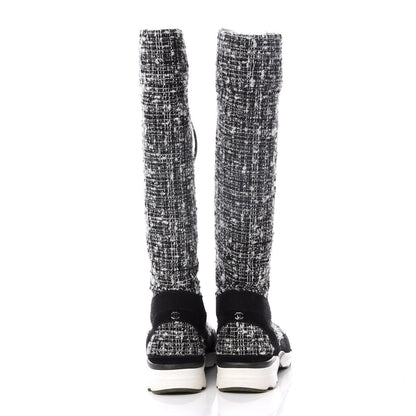 Chanel Tweed Suede Calfskin Sneaker High Boots 37 Black White 4 of 9