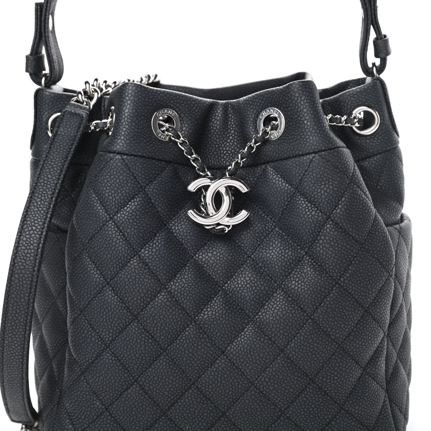 Caviar Flat Quilted CC Chain Bucket Drawstring Bag Black