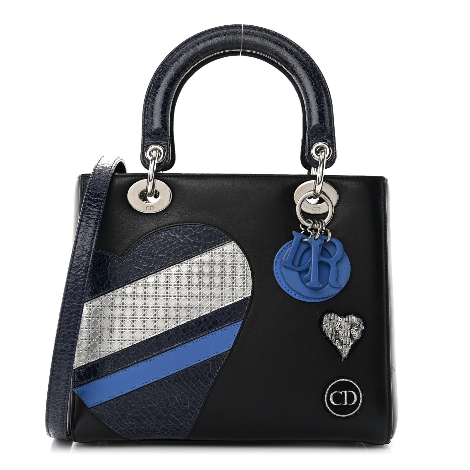 Christian Dior Calfskin Patent Embroidered Valentines Day Heart Medium Lady Dior Black Blue 1 of 9