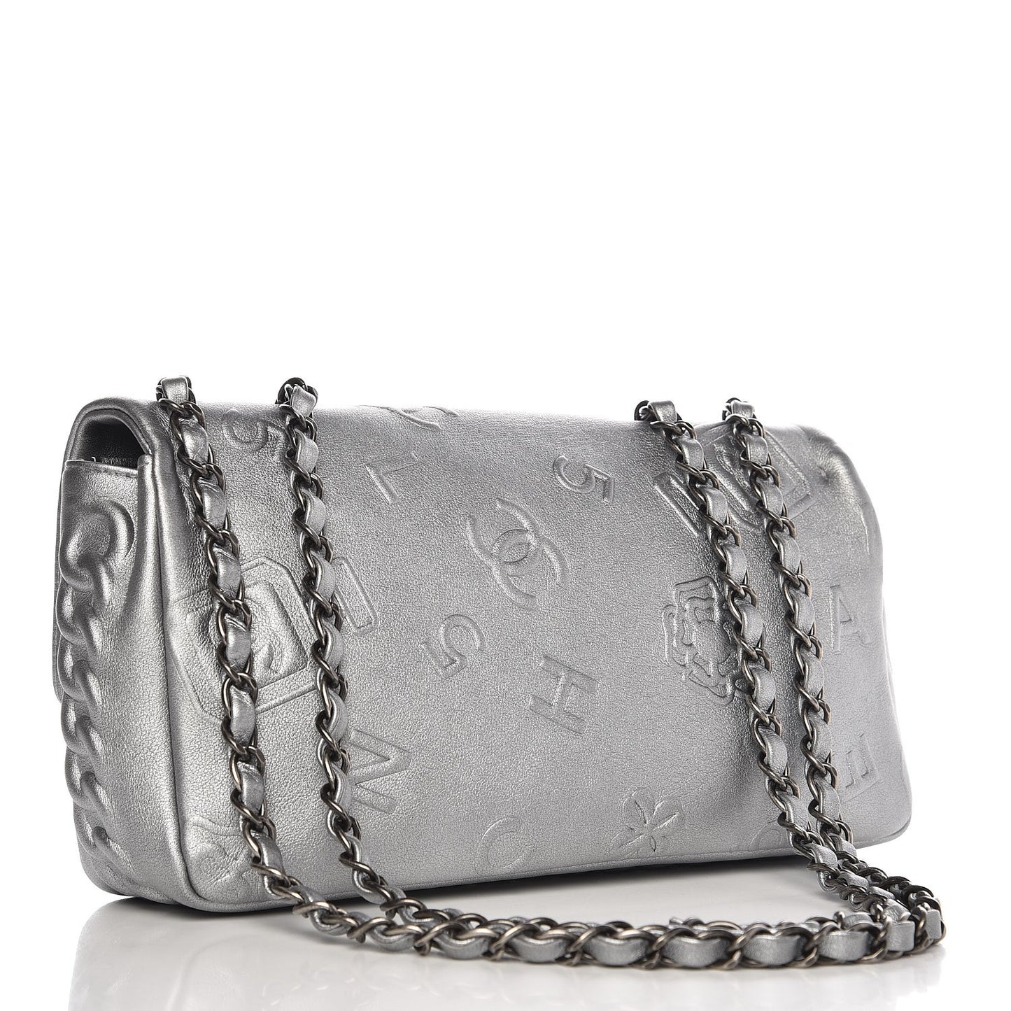 Metallic Lambskin Symbols Medium Single Flap Silver
