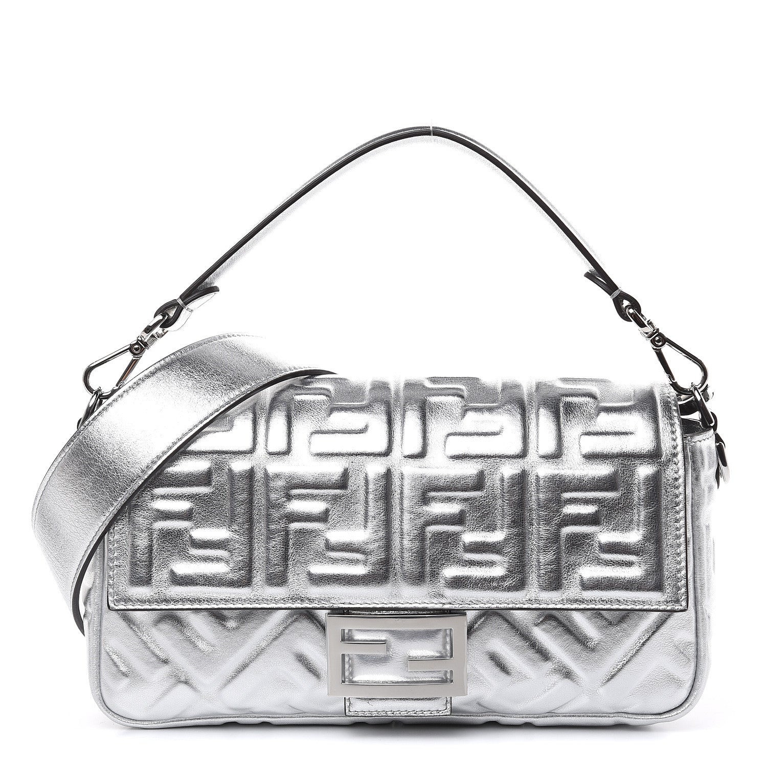 Fendi Vitello Catalan Mirror FF 1974 Embossed Baguette Argento 1 of 9