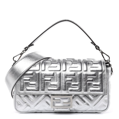 Fendi Vitello Catalan Mirror FF 1974 Embossed Baguette Argento 1 of 9