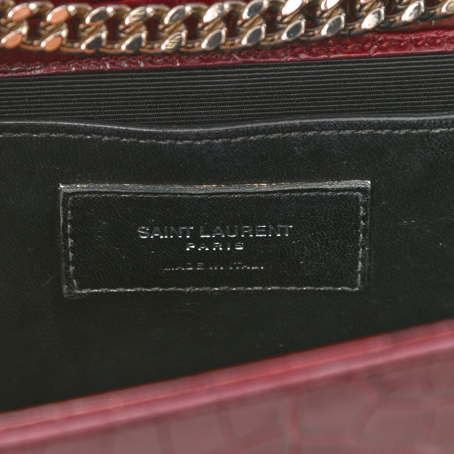 Calfskin Crocodile Embossed Medium Classic Monogram Kate Tassel Satchel Dark Red