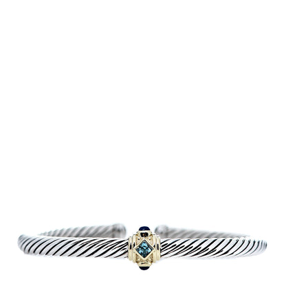 David Yurman Sterling Silver 14K Yellow Gold Blue Topaz Lapis Lazuli 5mm Cable Renaissance Station Bracelet 1 of 3